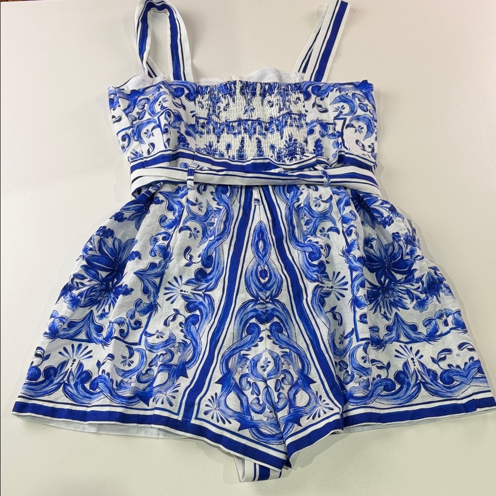 FARM Rio Blue and White Floral Stripe Belted Romper - Picture 10 of 14